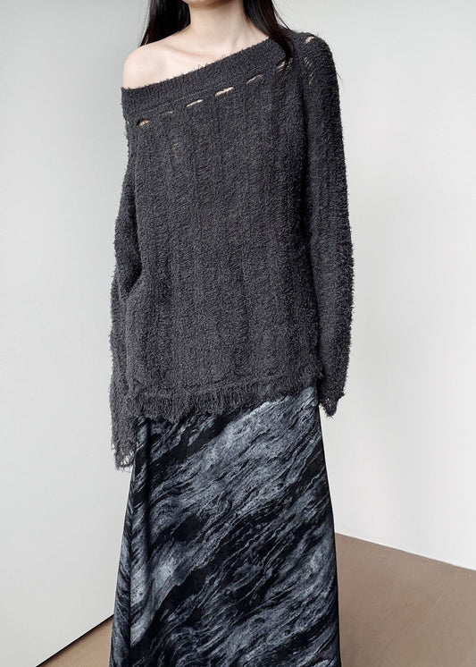 Boho Dark Grey One Shoulder Hollow Out Knit Pullover Winter