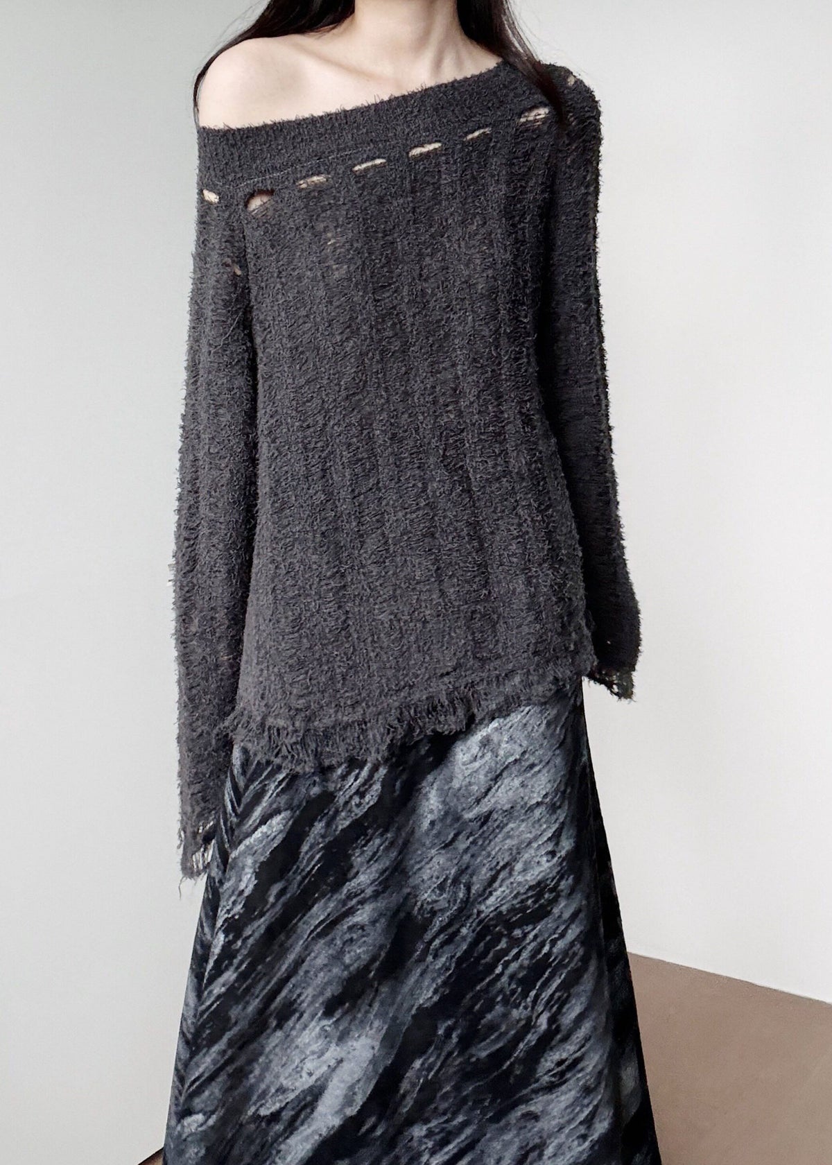 Boho Dark Grey One Shoulder Hollow Out Knit Pullover Winter