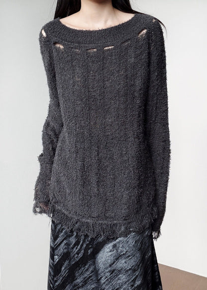 Boho Dark Grey One Shoulder Hollow Out Knit Pullover Winter