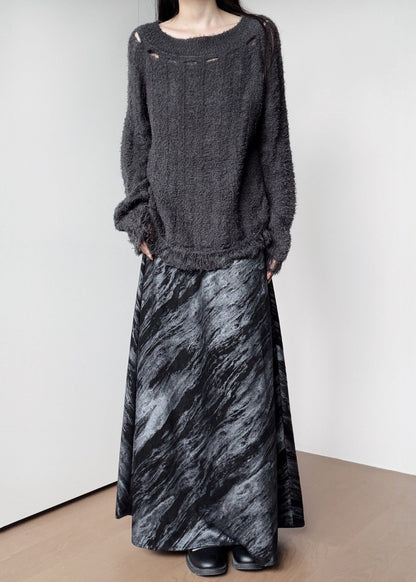 Boho Dark Grey One Shoulder Hollow Out Knit Pullover Winter
