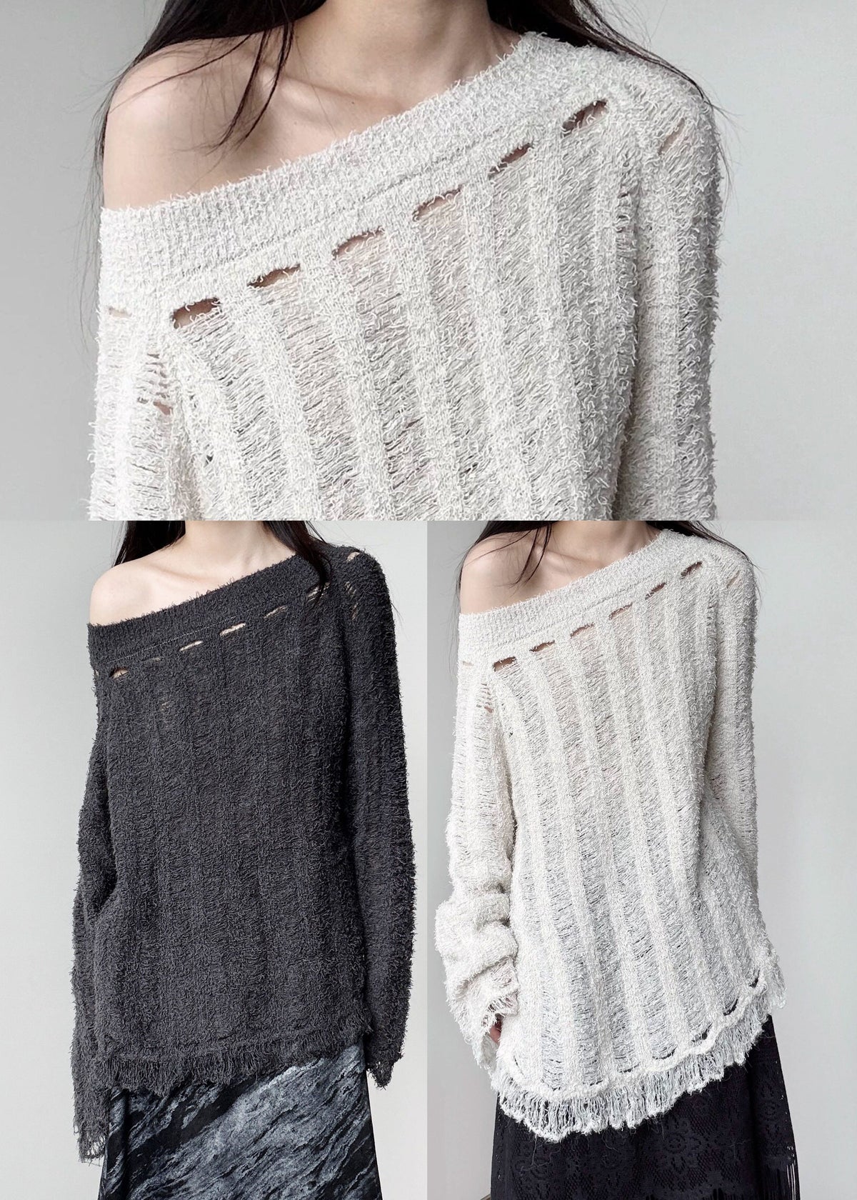 Boho Dark Grey One Shoulder Hollow Out Knit Pullover Winter