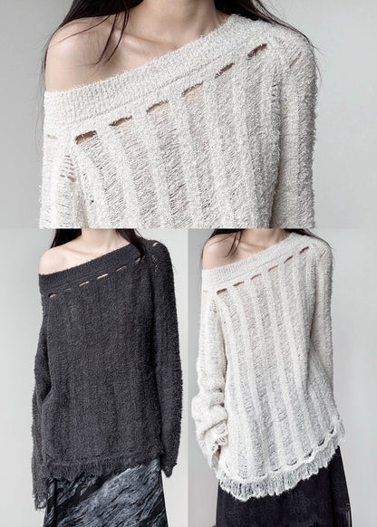 Boho Dark Grey One Shoulder Hollow Out Knit Pullover Winter