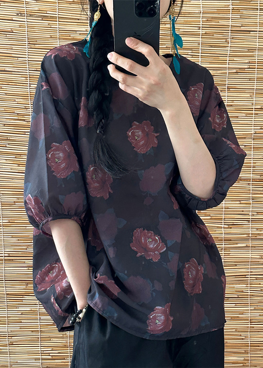 Boho Dark Red O-Neck Print Shirt Top Half Sleeve