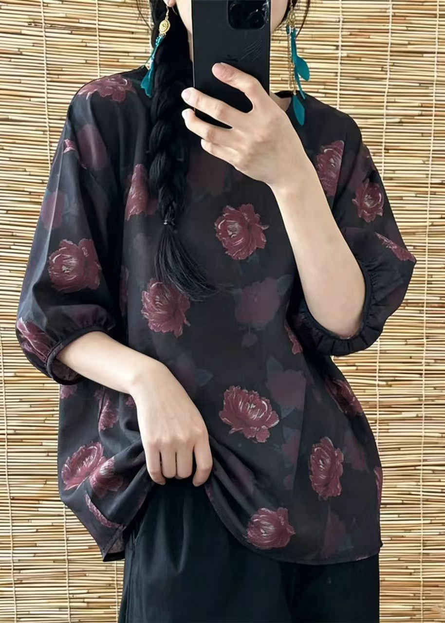 Boho Dark Red O-Neck Print Shirt Top Half Sleeve