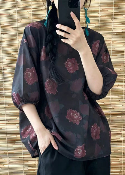Boho Dark Red O-Neck Print Shirt Top Half Sleeve