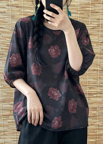Boho Dark Red O-Neck Print Shirt Top Half Sleeve