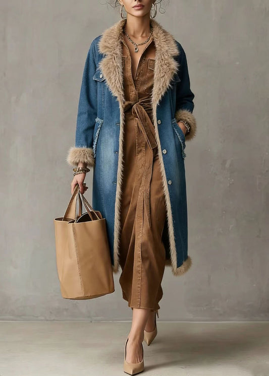 Boho Denim Blue Notched Patchwork Faux Fur Fine Cotton Filled Trench Coats Winter