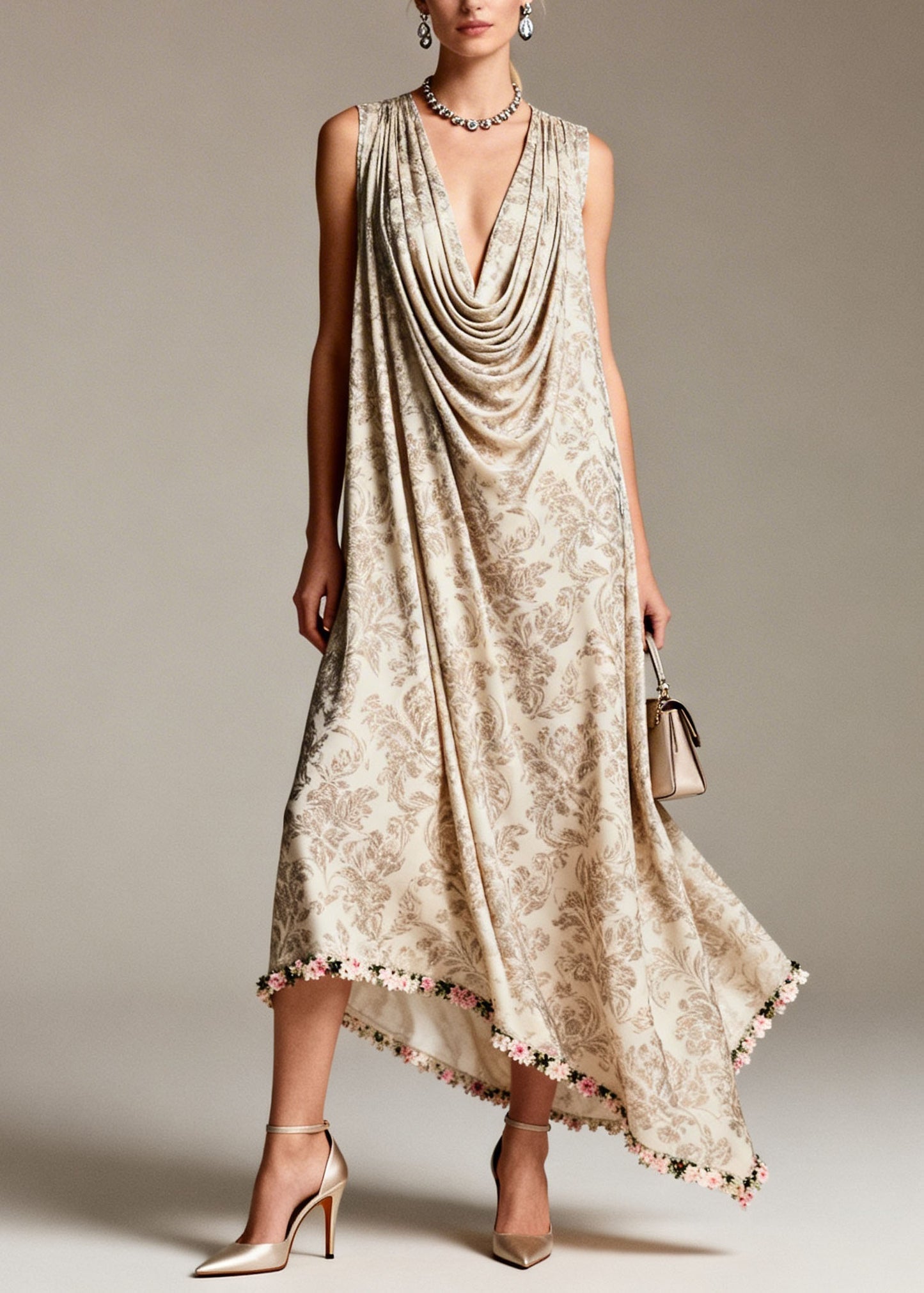 Boho Draped Neckline Asymmetrical Design Print Silk Dress Sleeveless