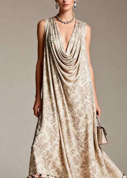 Boho Draped Neckline Asymmetrical Design Print Silk Dress Sleeveless