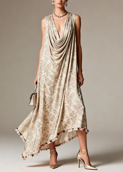 Boho Draped Neckline Asymmetrical Design Print Silk Dress Sleeveless