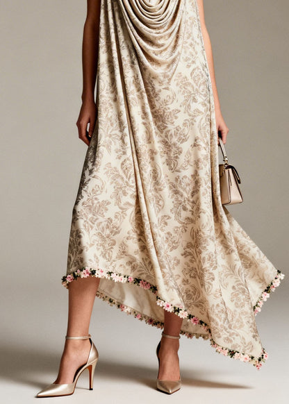 Boho Draped Neckline Asymmetrical Design Print Silk Dress Sleeveless