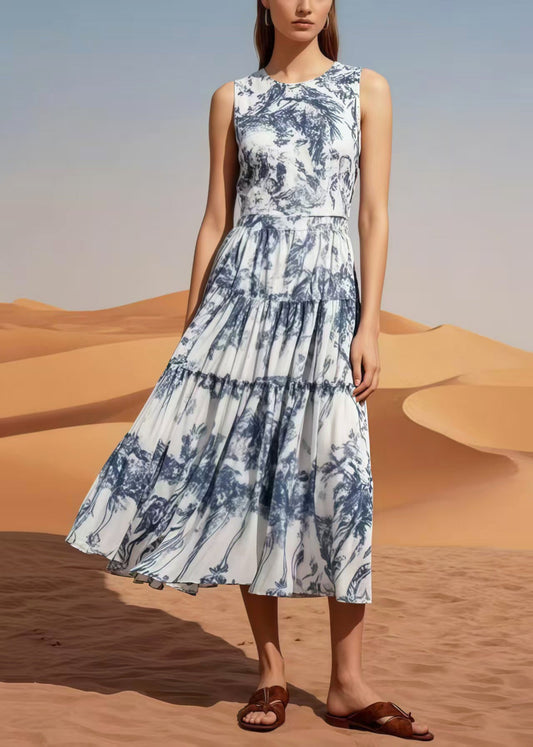 Boho Exra Large Hem Print Chiffon Long Dress Sleeveless