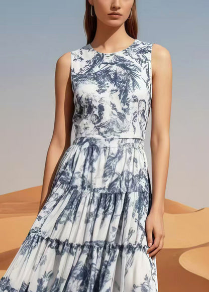 Boho Exra Large Hem Print Chiffon Long Dress Sleeveless