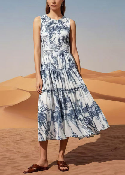 Boho Exra Large Hem Print Chiffon Long Dress Sleeveless
