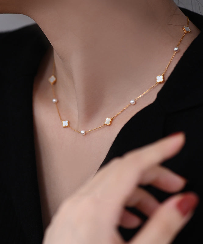 Boho Four Leaf Clover Pearl Starlight Adjustable Gold Plated Choker