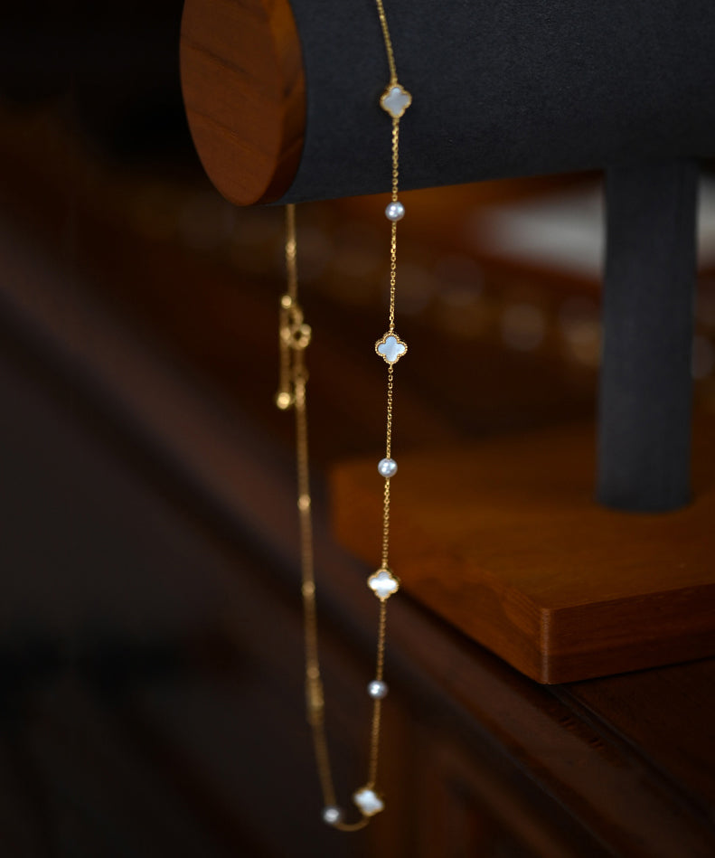 Boho Four Leaf Clover Pearl Starlight Adjustable Gold Plated Choker