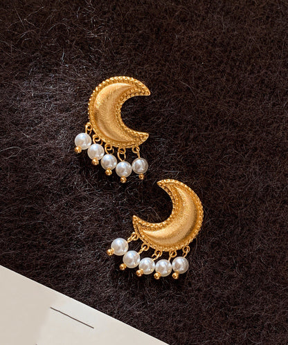 Boho Golden Moon Tasseled Pearl Drop Earrings
