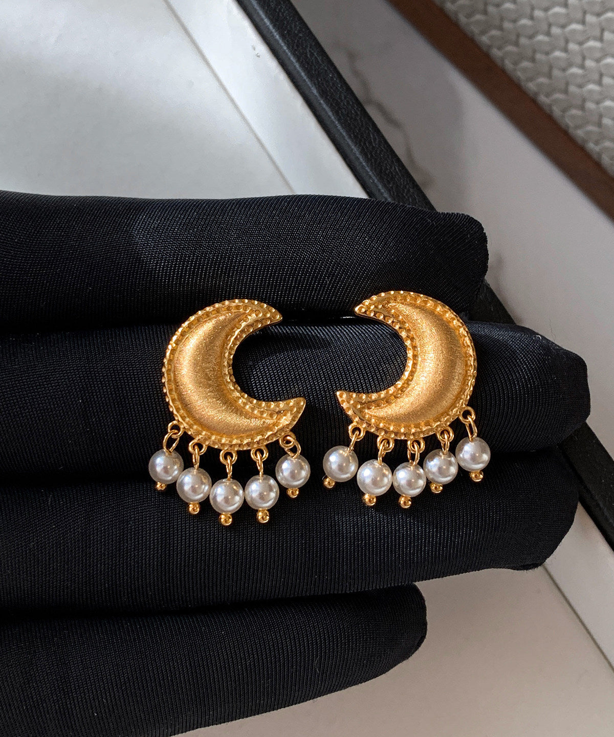 Boho Golden Moon Tasseled Pearl Drop Earrings