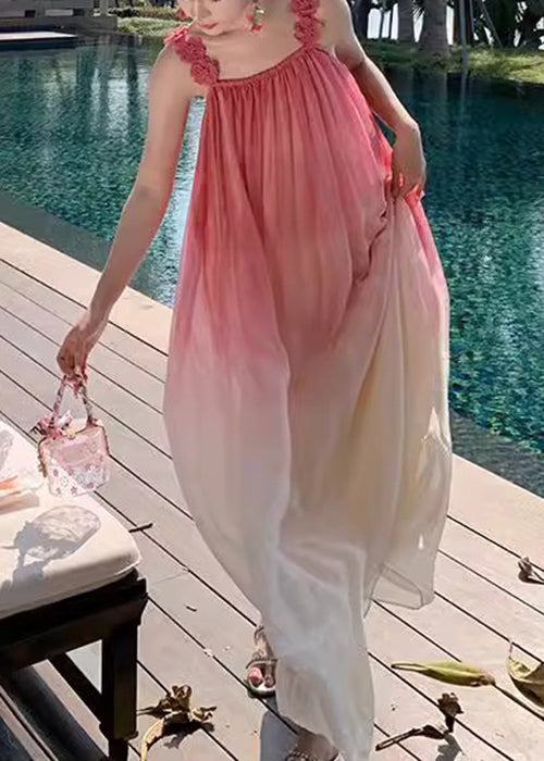 Boho Gradient Color Backless Wrinkled Spaghetti Strap Dress Sleeveless