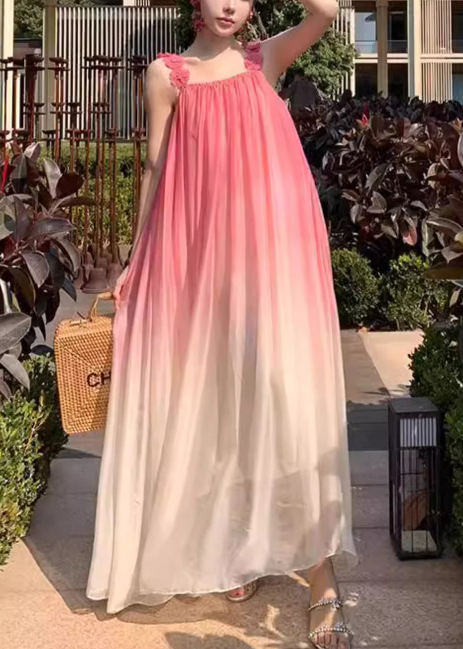 Boho Gradient Color Backless Wrinkled Spaghetti Strap Dress Sleeveless