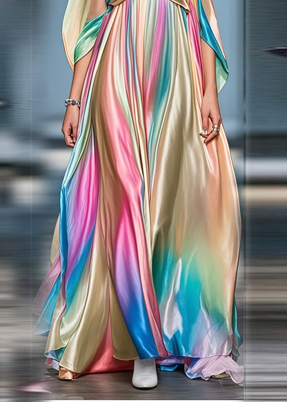 Boho Gradient Color Cold Shoulder Exra Large Hem Silk Party Dress Summer