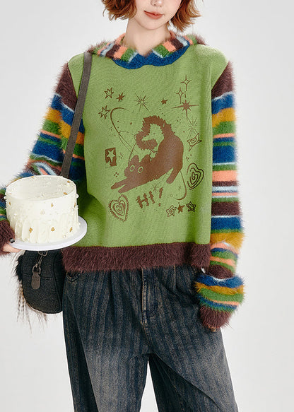 Boho Grass Green Hooded Patchwork Striped Knit Sweatshirt Winter