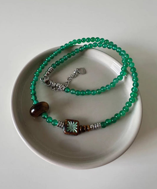 Boho Green Agate Tiger-Eye Czech Glass Beading Pendant Necklace