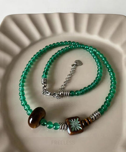 Boho Green Agate Tiger-Eye Czech Glass Beading Pendant Necklace