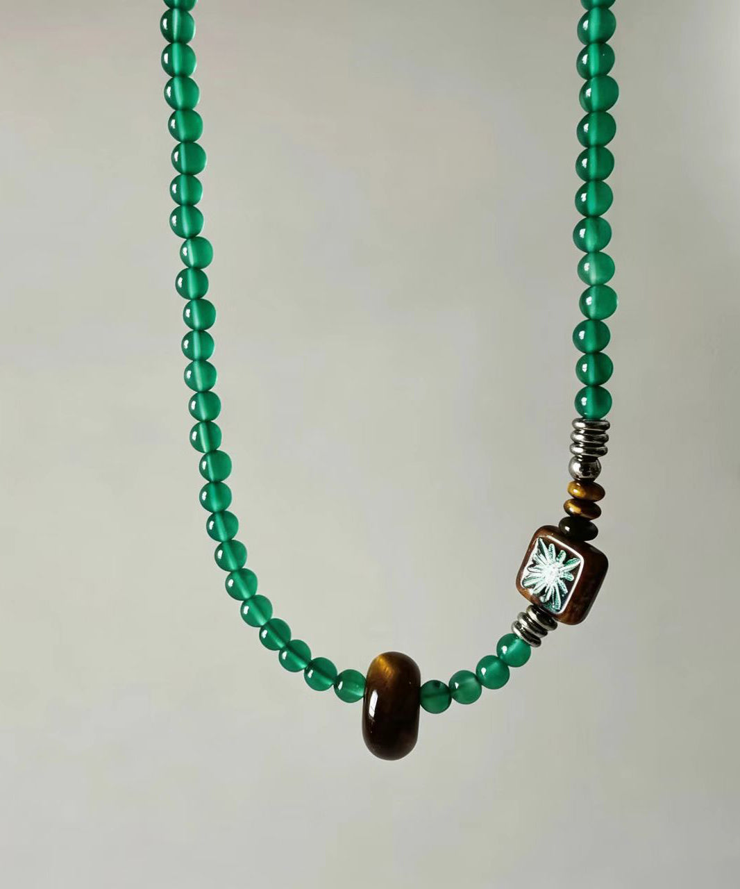 Boho Green Agate Tiger-Eye Czech Glass Beading Pendant Necklace