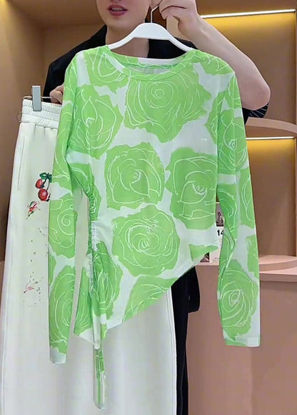 Boho Green Asymmetrical Drawstring Print Cotton Shirt Summer