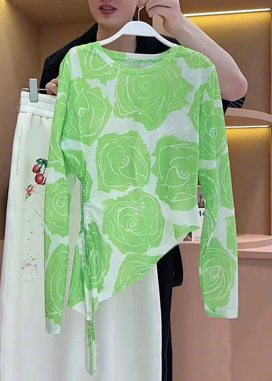 Boho Green Asymmetrical Drawstring Print Cotton Shirt Summer