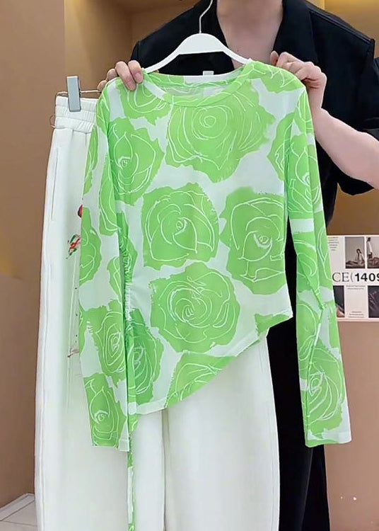 Boho Green Asymmetrical Drawstring Print Cotton Shirt Summer