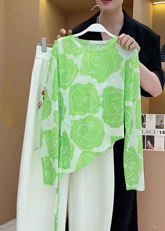 Boho Green Asymmetrical Drawstring Print Cotton Shirt Summer
