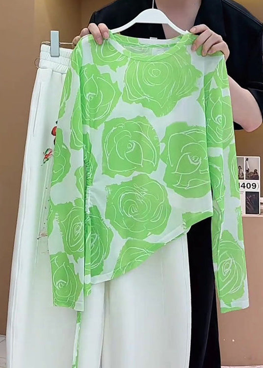 Boho Green Asymmetrical Drawstring Print Cotton Shirt Summer