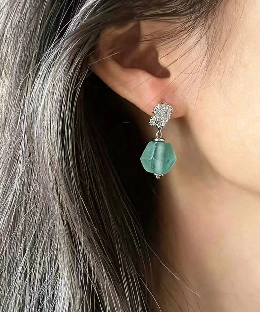 Boho Green Glass Silver Needle Drop Earrings