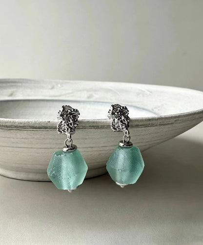 Boho Green Glass Silver Needle Drop Earrings