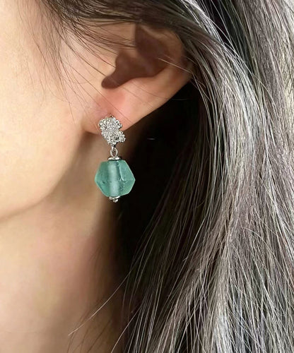 Boho Green Glass Silver Needle Drop Earrings