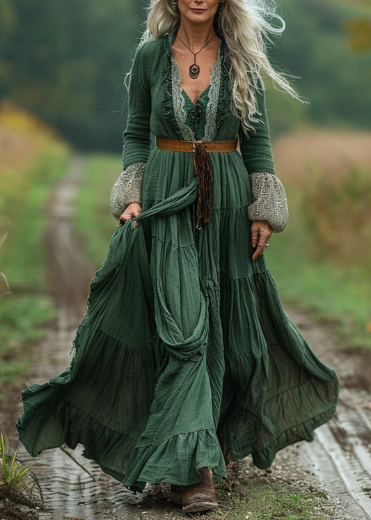 Boho Green Lace Wrinkled Patchwork Cotton Long Dress Spring