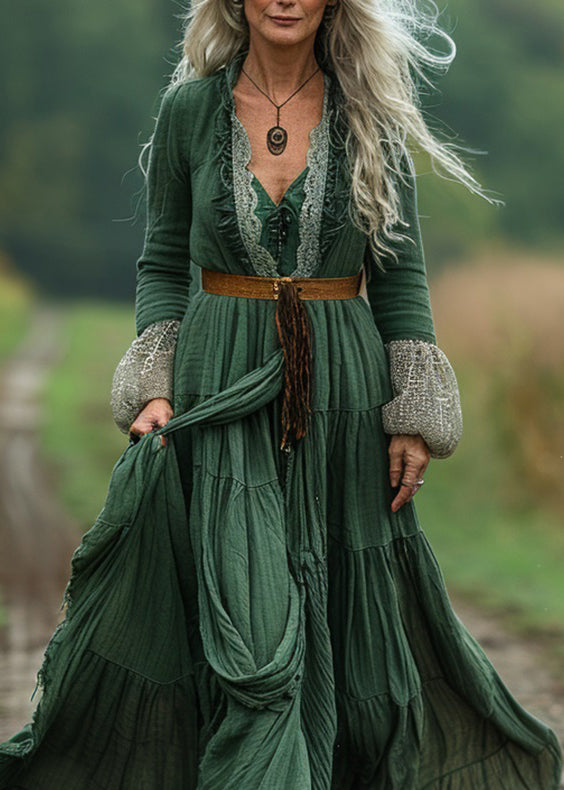 Boho Green Lace Wrinkled Patchwork Cotton Long Dress Spring