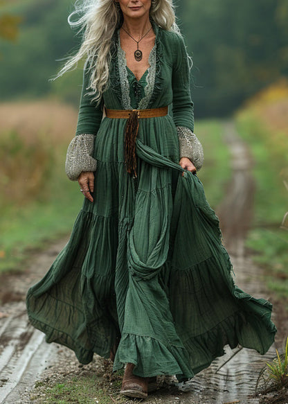 Boho Green Lace Wrinkled Patchwork Cotton Long Dress Spring