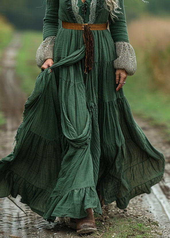 Boho Green Lace Wrinkled Patchwork Cotton Long Dress Spring