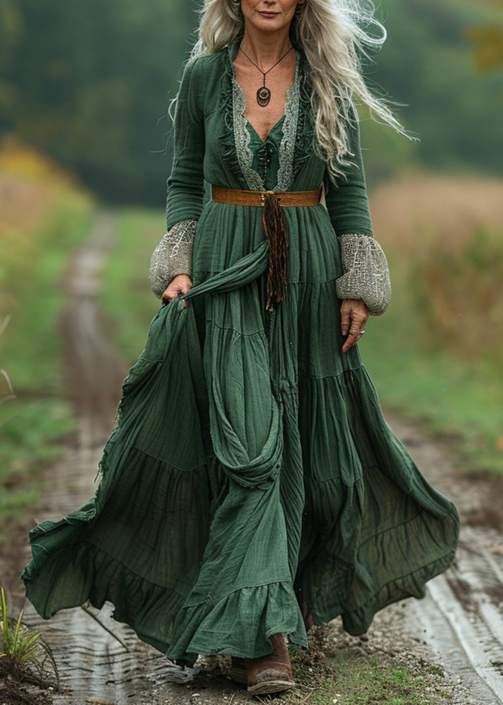 Boho Green Lace Wrinkled Patchwork Cotton Long Dress Spring