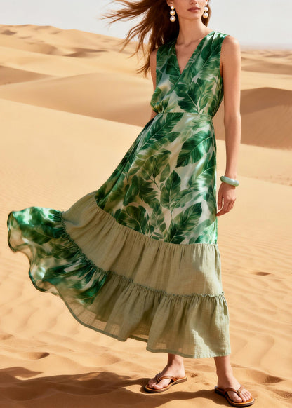 Boho Green Leaf Patchwork Silk Ankle Dress Summer
