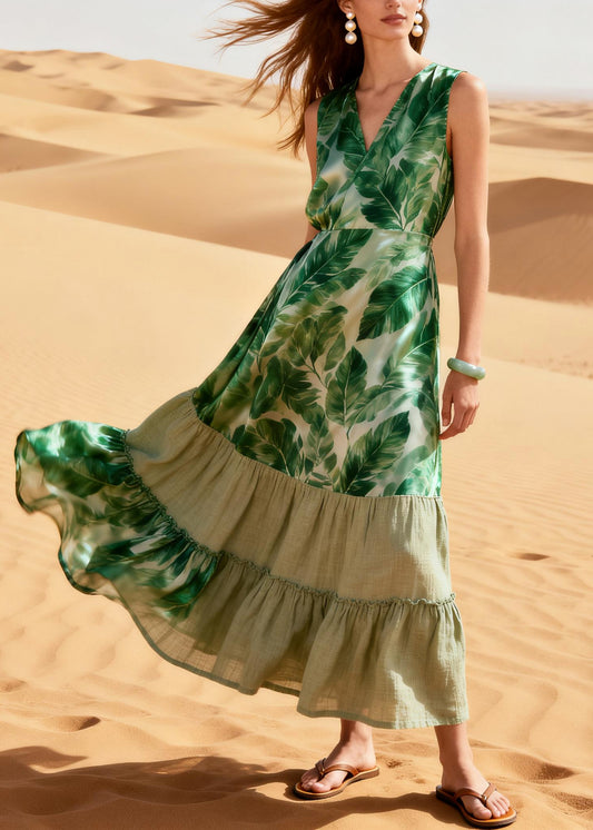 Boho Green Leaf Patchwork Silk Ankle Dress Summer