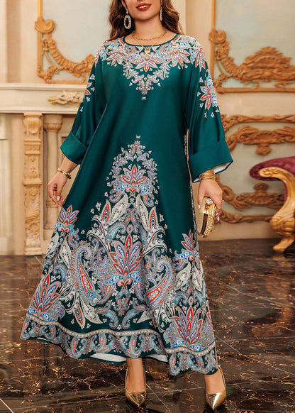 Boho Green O-Neck Print Cotton Long Dress Spring