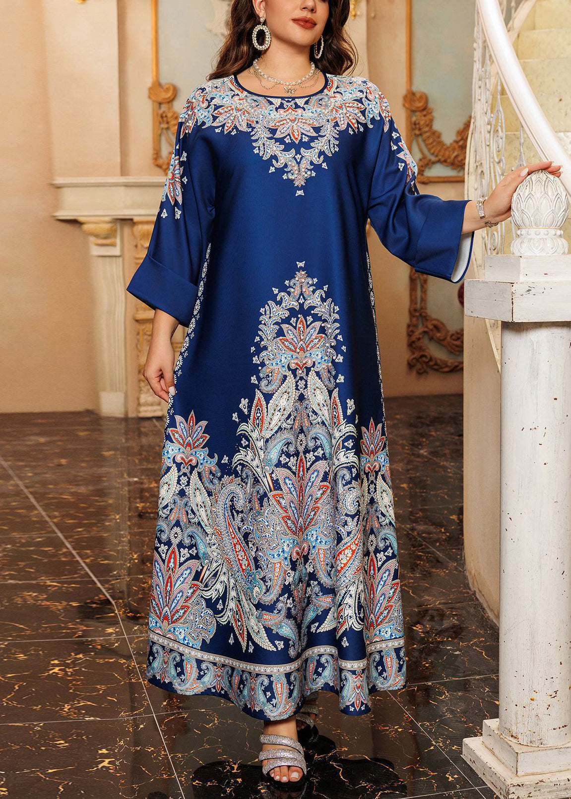 Boho Green O-Neck Print Cotton Long Dress Spring