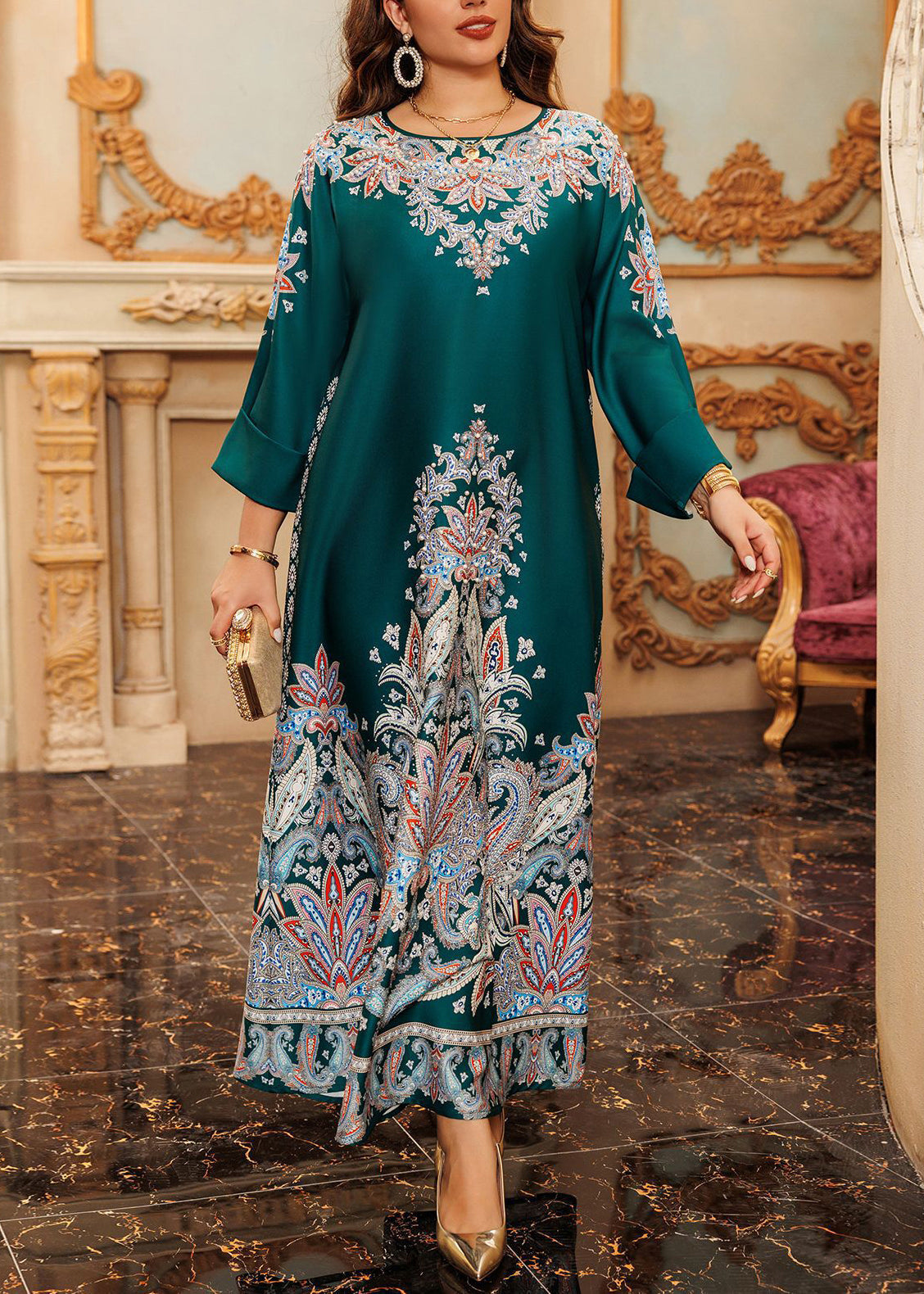 Boho Green O-Neck Print Cotton Long Dress Spring