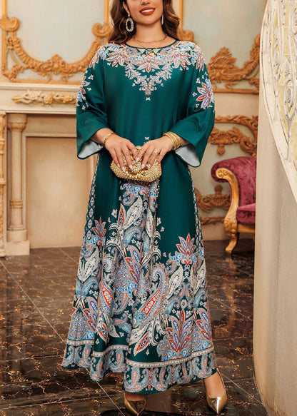 Boho Green O-Neck Print Cotton Long Dress Spring