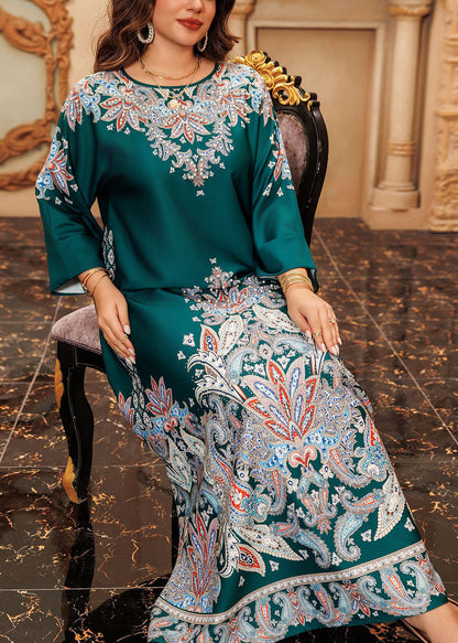 Boho Green O-Neck Print Cotton Long Dress Spring