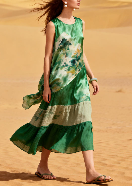 Boho Green Oversized Patchwork Silk Long Dress Summer
